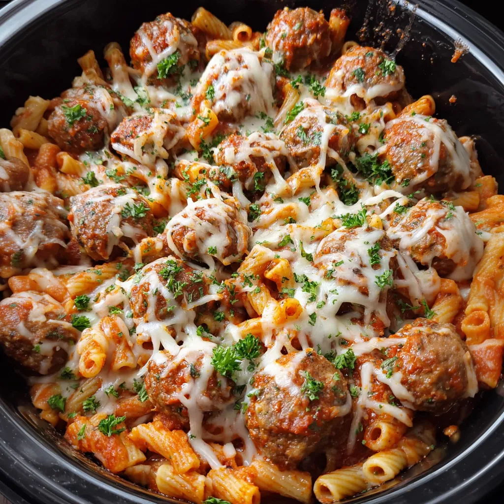 A close up of a delicious cheesy meatball pasta dish.