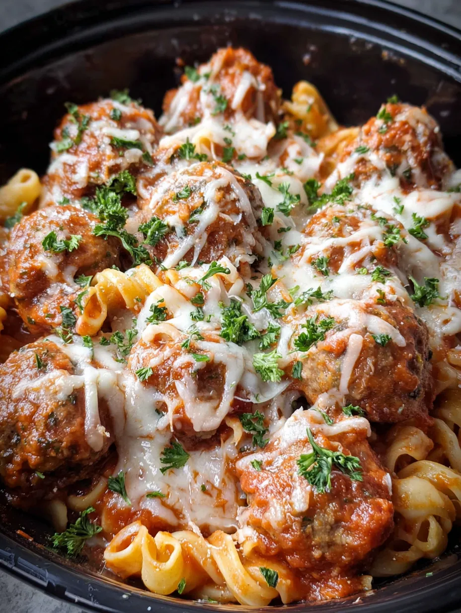 A close up of a delicious cheesy crockpot meatball pasta.