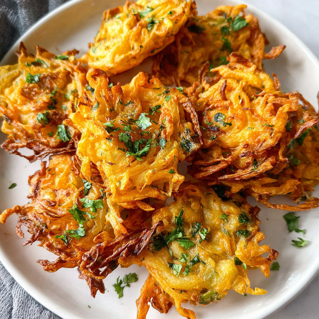 A plate of air fryer onion bhajis.