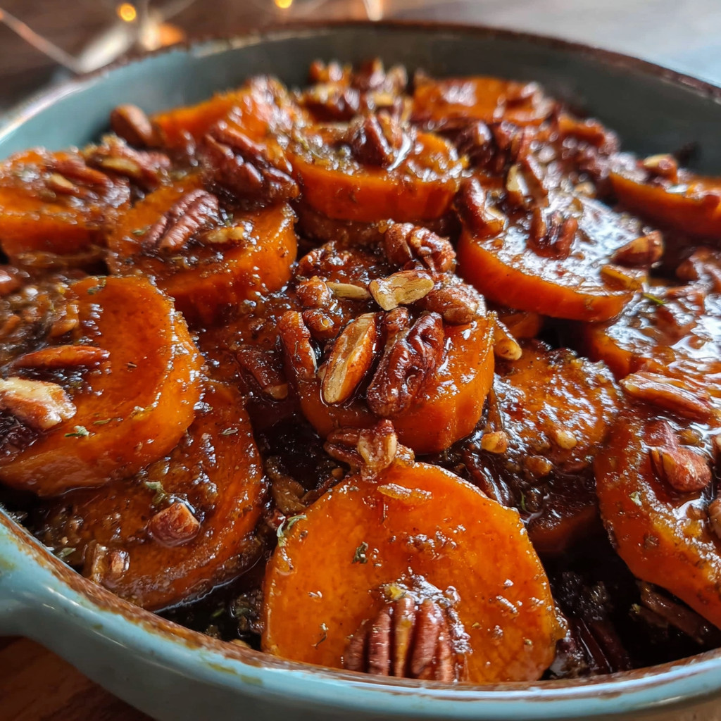 A bowl of candied sweet potatoes with pecans.