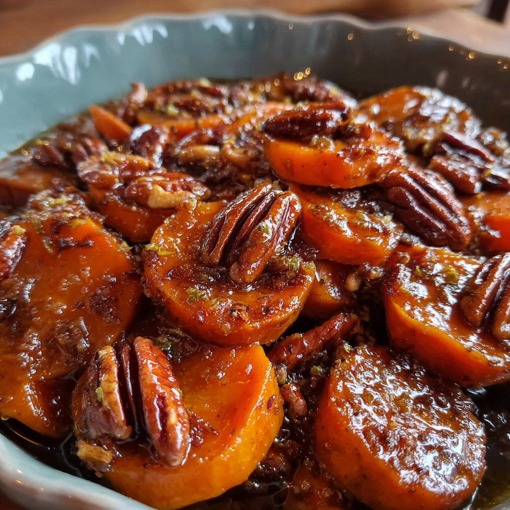A bowl of candied sweet potatoes with pecans.