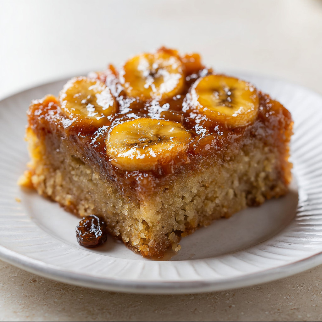 A slice of banana upside down cake on a plate.