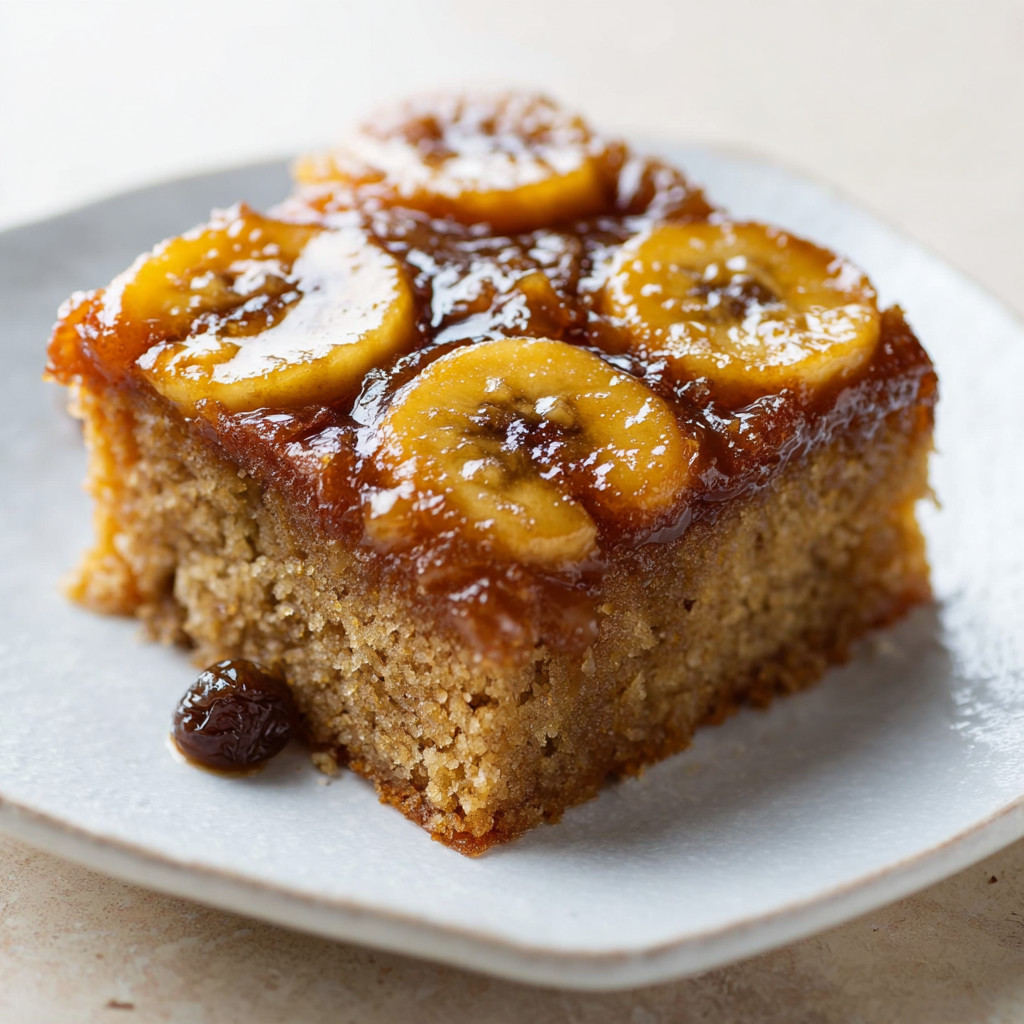 A slice of banana upside down cake on a plate.
