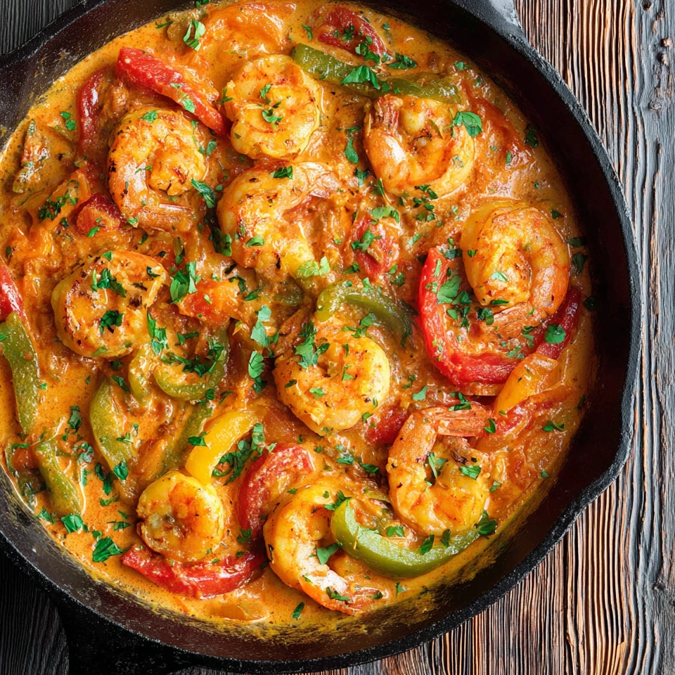 A pan of shrimp and bell peppers.
