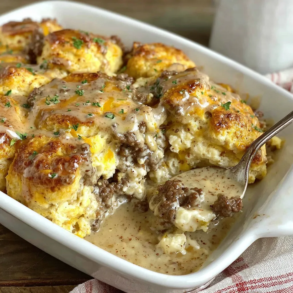 A white bowl filled with biscuits and gravy.