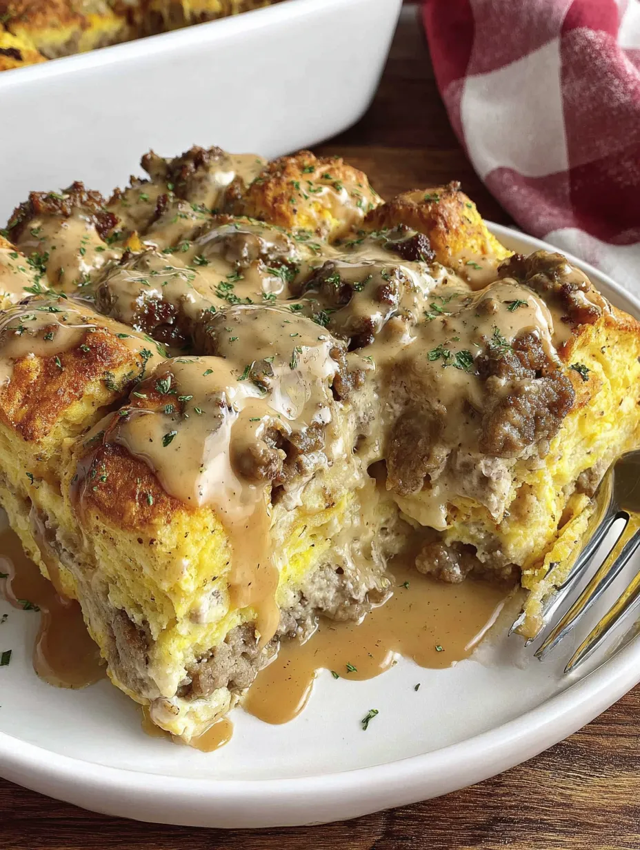 A plate of biscuits and gravy casserole.