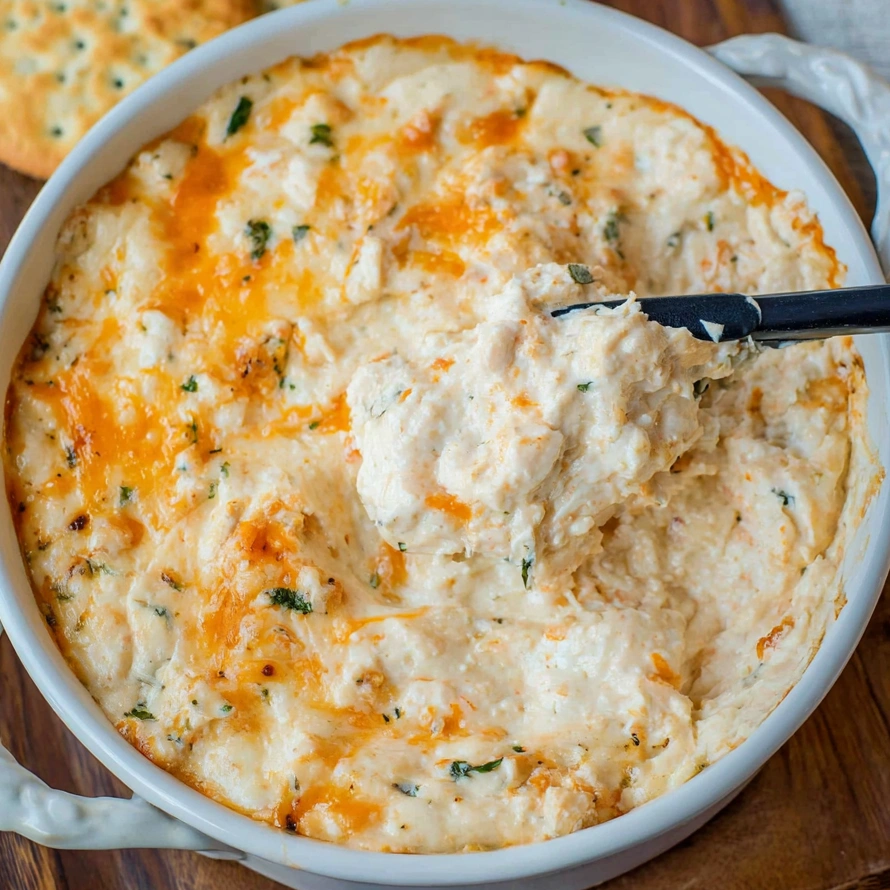 A bowl of cheesy hot crab dip.