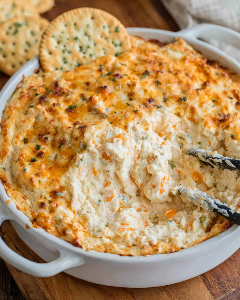 A bowl of cheesy hot crab dip.
