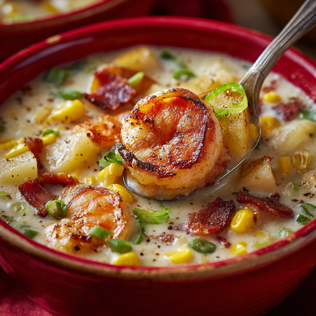 A bowl of shrimp corn chowder.