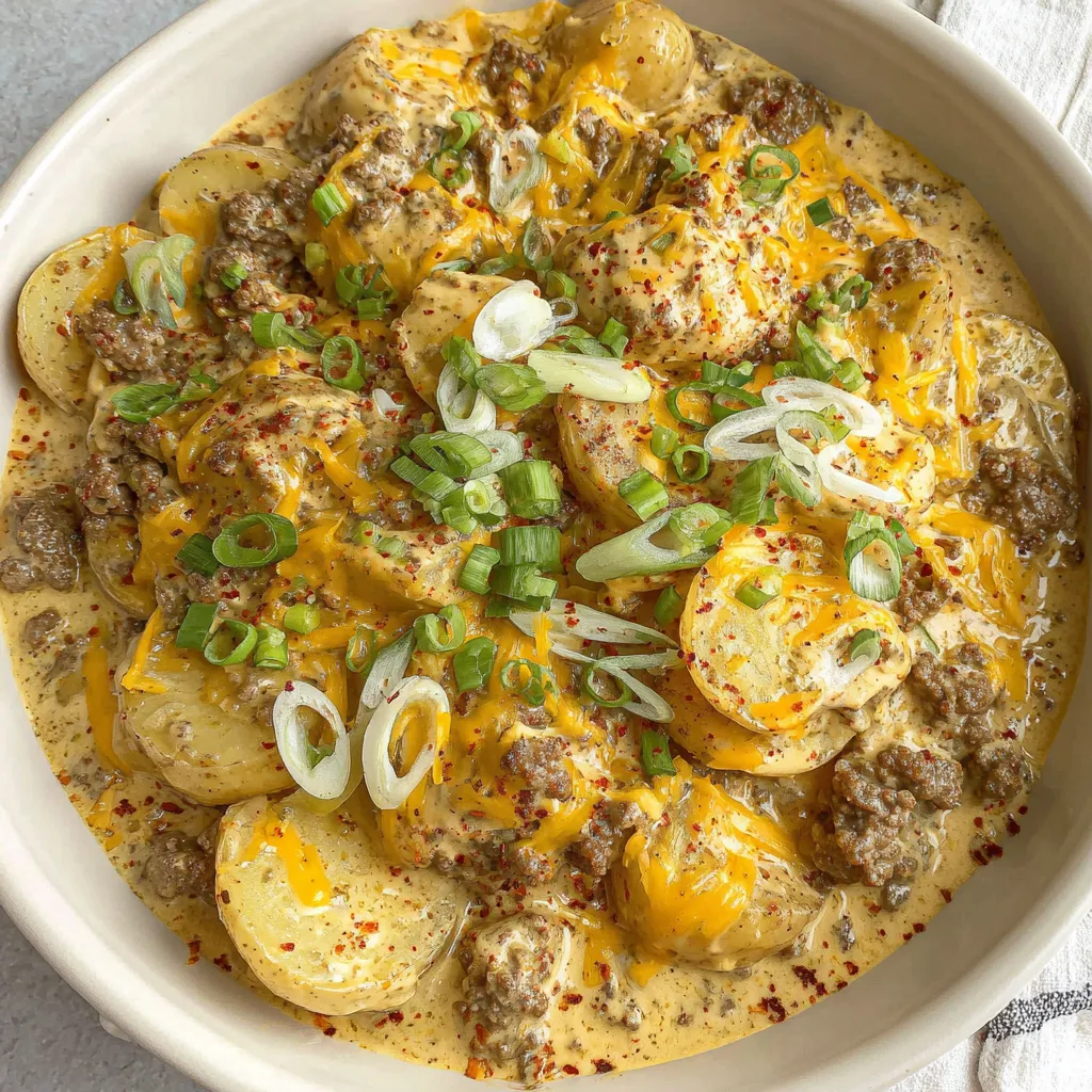 A bowl of hamburger potato casserole.