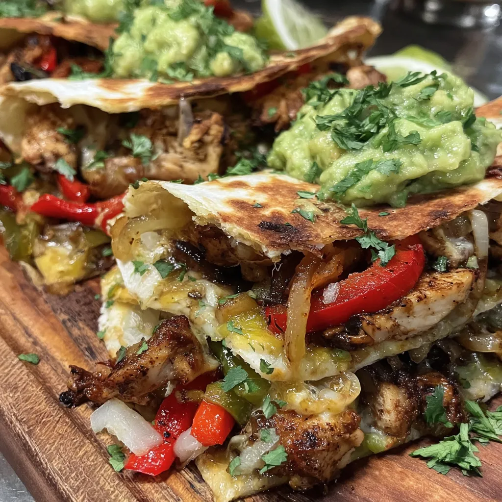A delicious chicken fajita quesadilla with fresh guacamole.