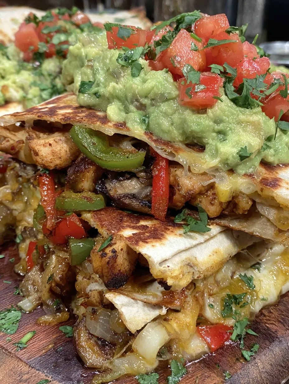 A delicious chicken fajita quesadilla with fresh guacamole.