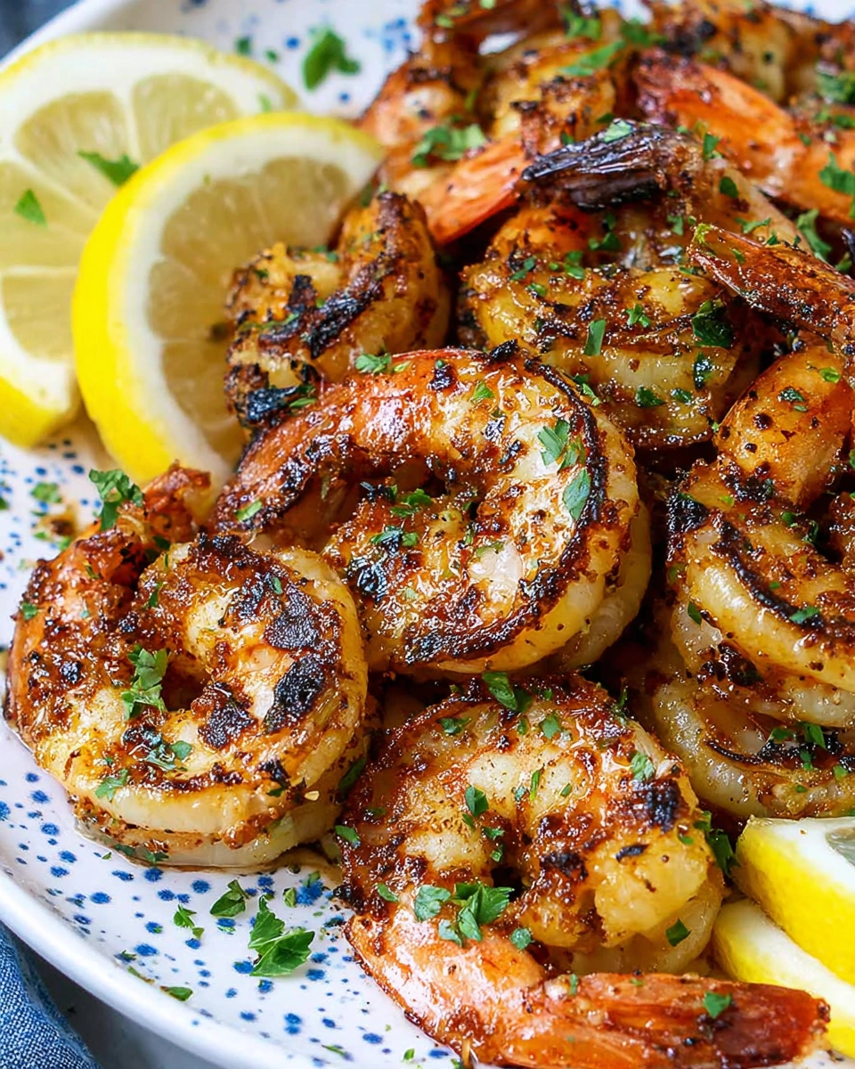 A plate of pan seared shrimp with lemon wedges.