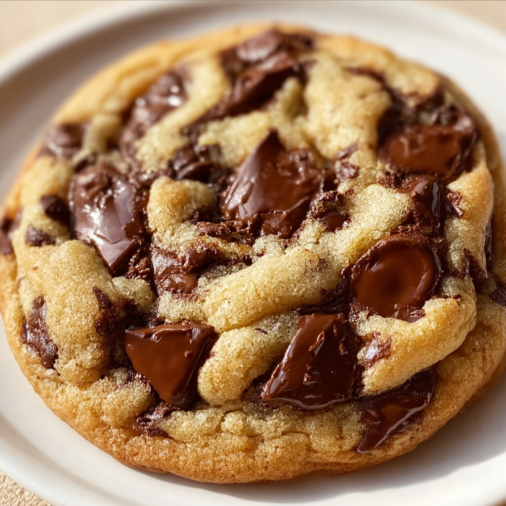 A giant chocolate chip cookie on a white plate.