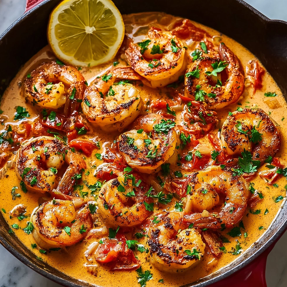 A pan of shrimp with a lemon wedge on top.