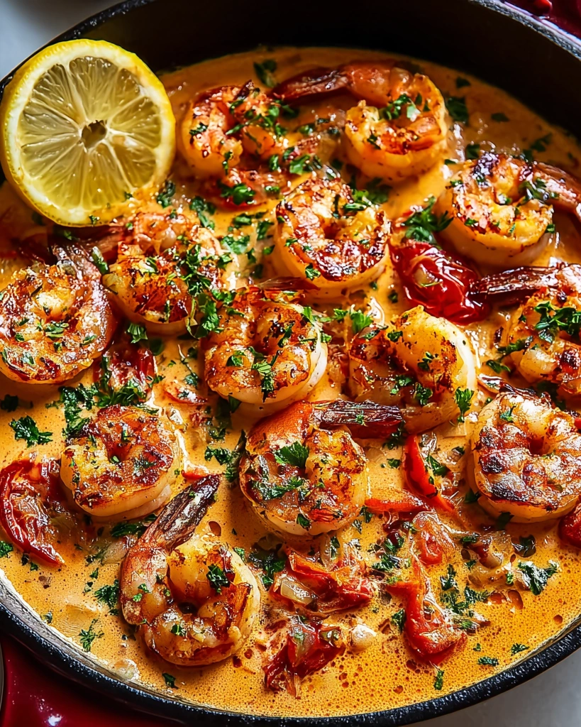 A bowl of shrimp with garlic, paprika, and lemon.