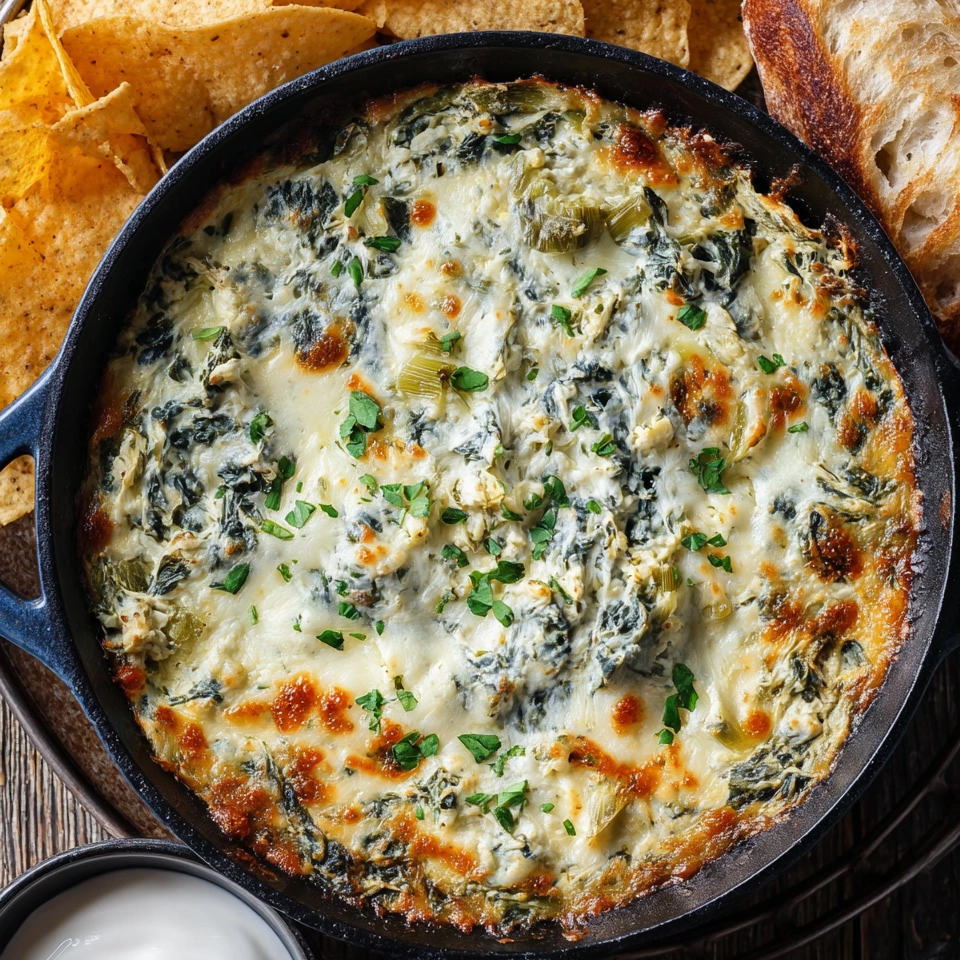A close up of a spinach artichoke dip in a pan.