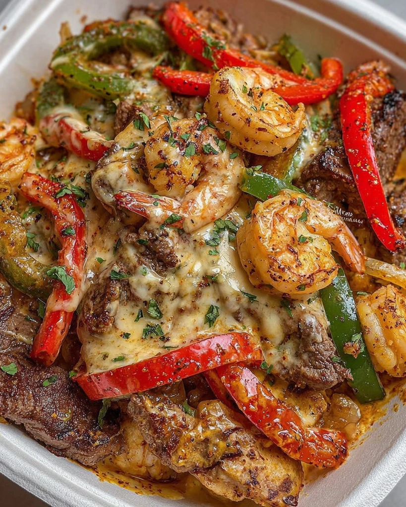 A close up of a delicious meal of shrimp and steak with peppers.