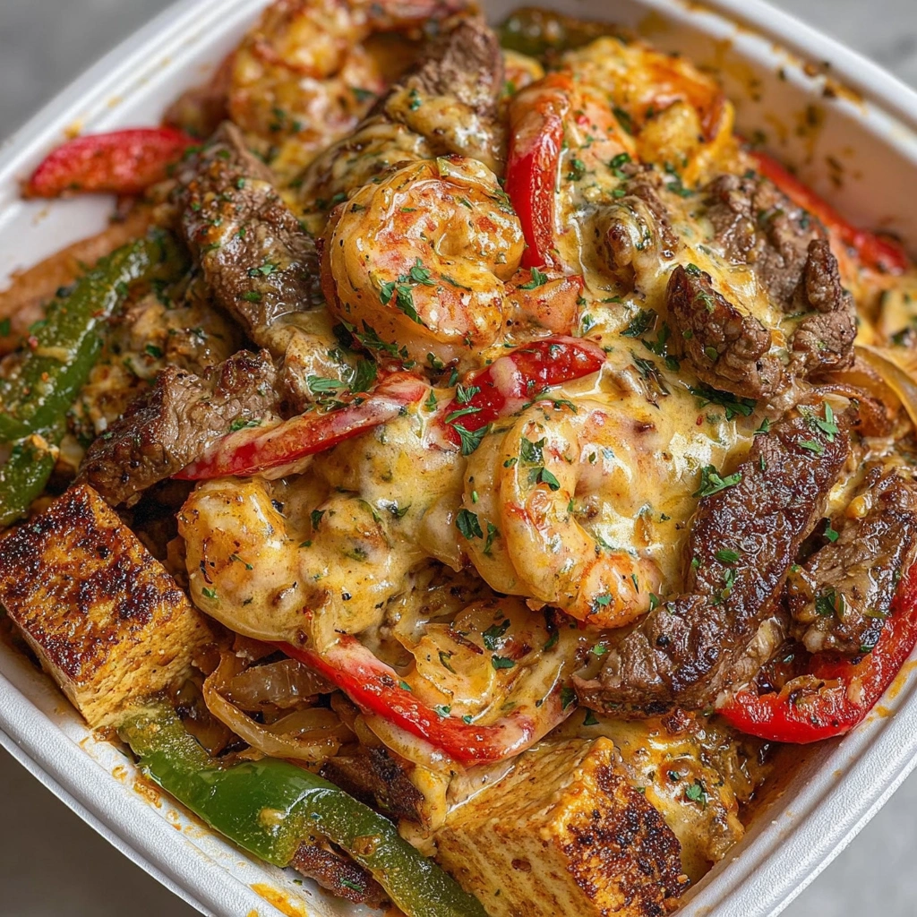 A delicious meal of shrimp and steak with peppers.