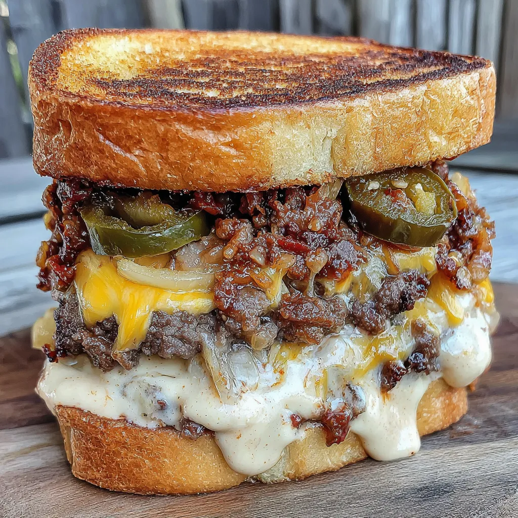 A close up of a spicy patty melt with cheese and jalapenos.