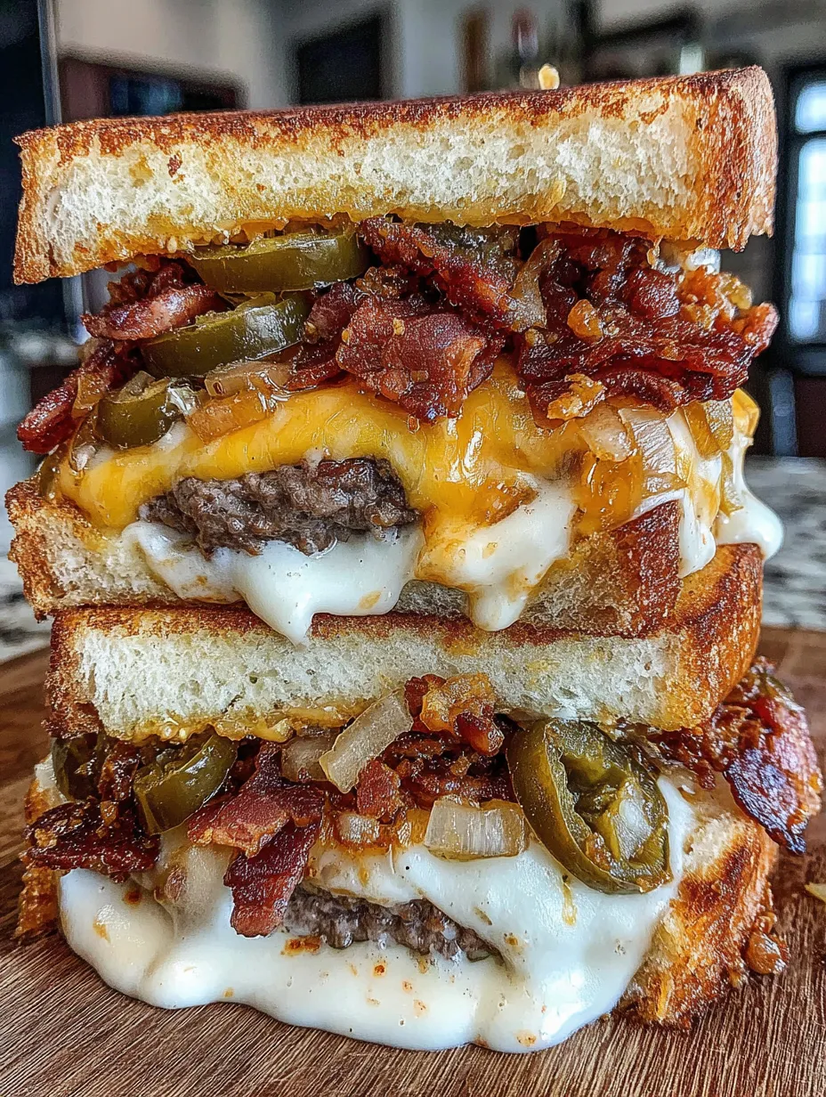 A stack of three sandwiches with cheese and jalapenos.