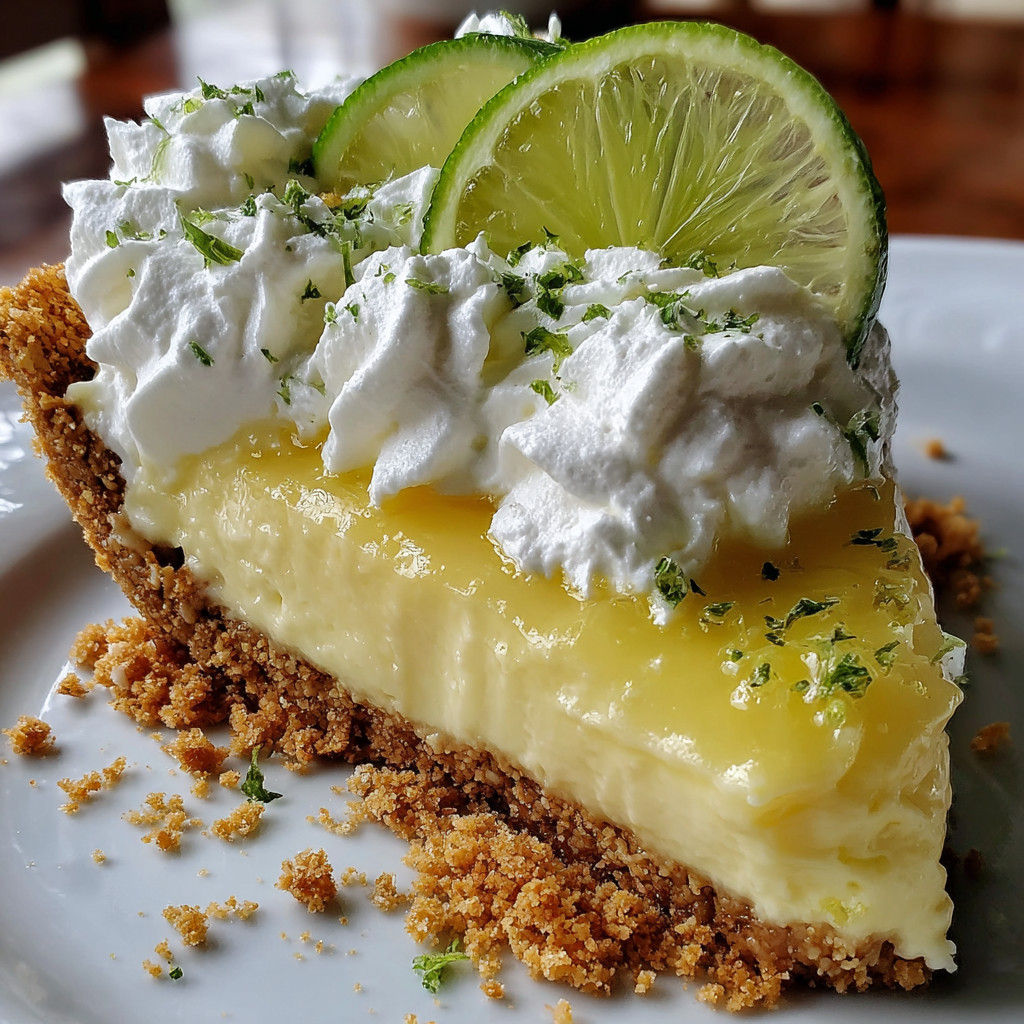 A slice of key lime pie with whipped cream on top.