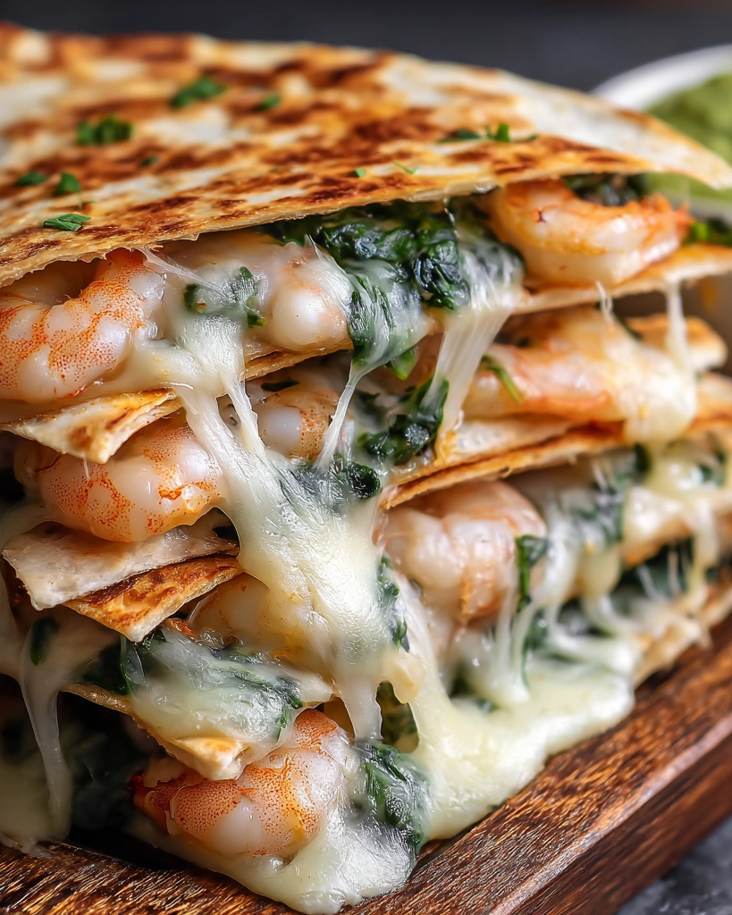 A stack of chicken, shrimp and spinach quesadillas.