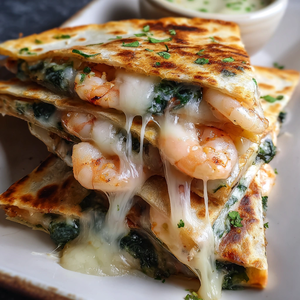 A plate of chicken, shrimp and spinach quesadillas.