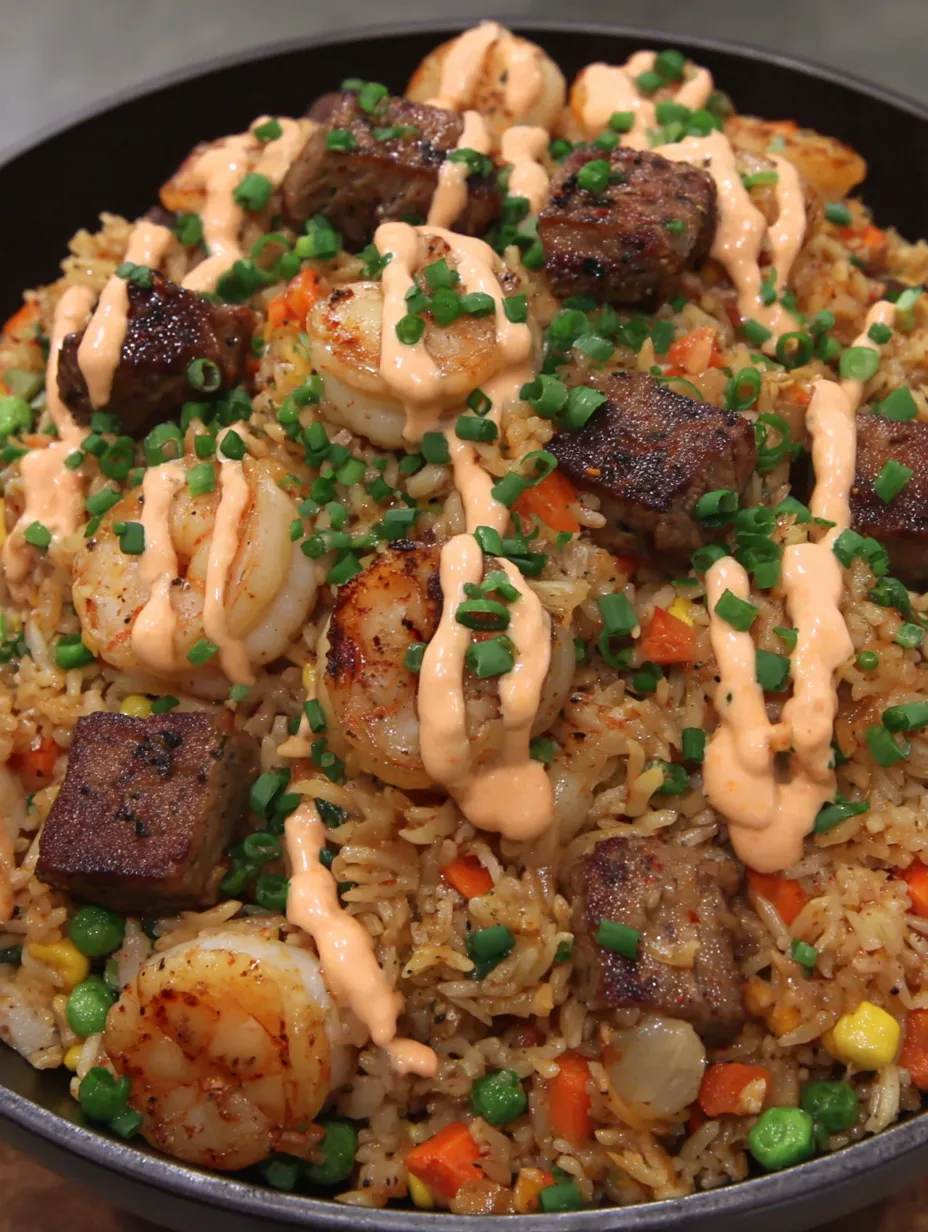 A plate of steak and shrimp fried rice.