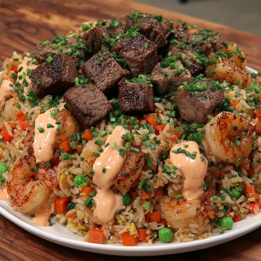 A plate of steak and shrimp fried rice.