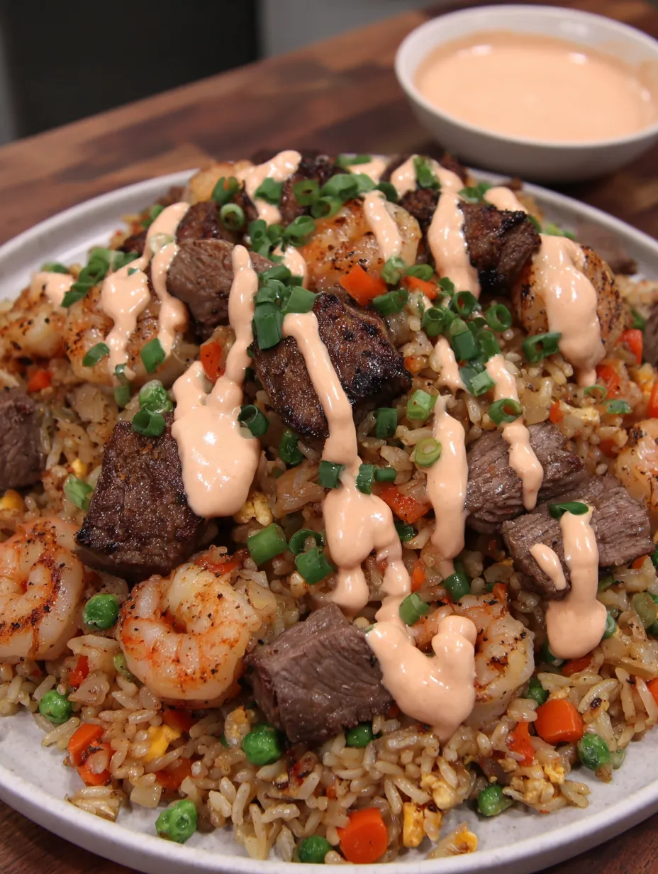 A plate of steak and shrimp fried rice.