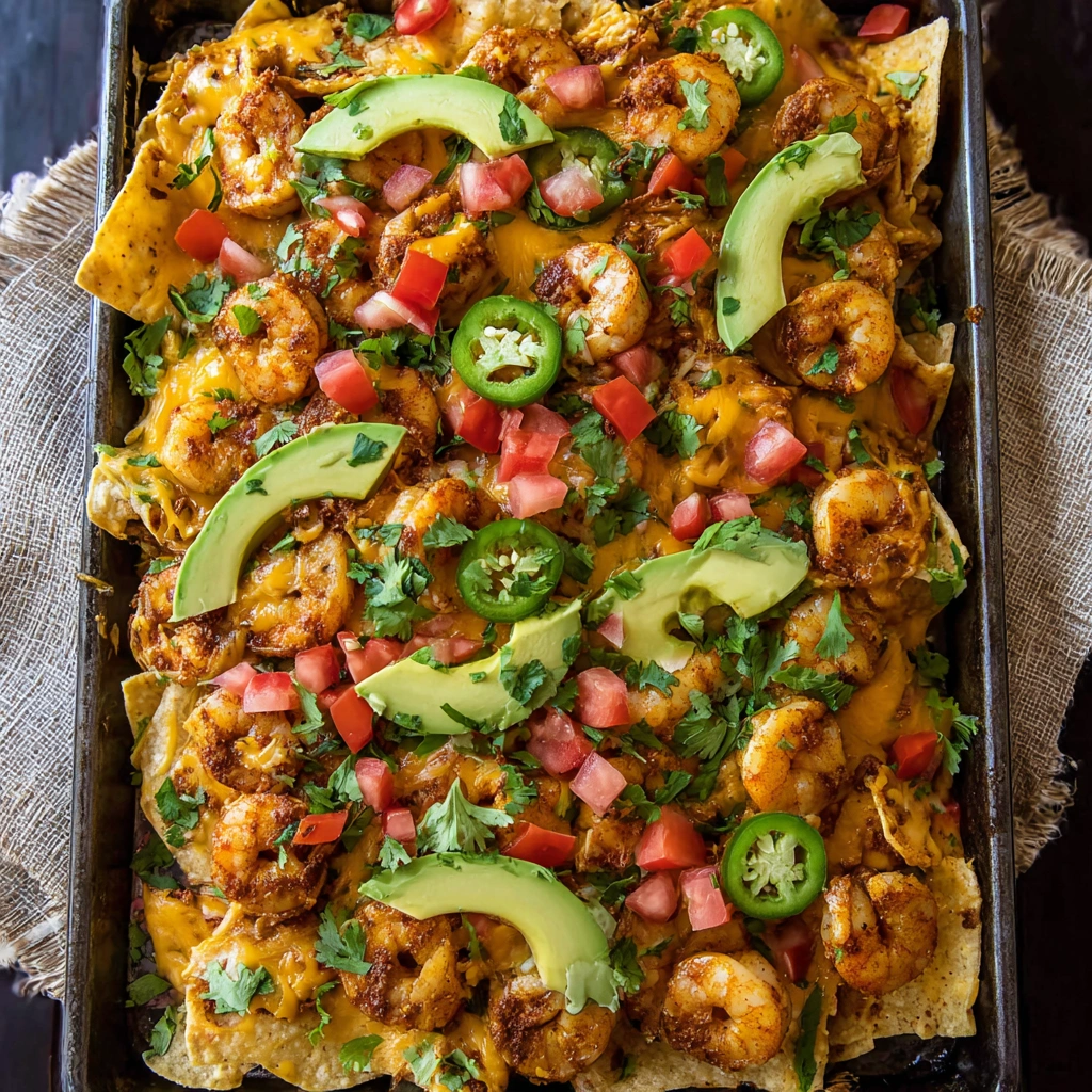 A dish of nachos with shrimp and peppers.