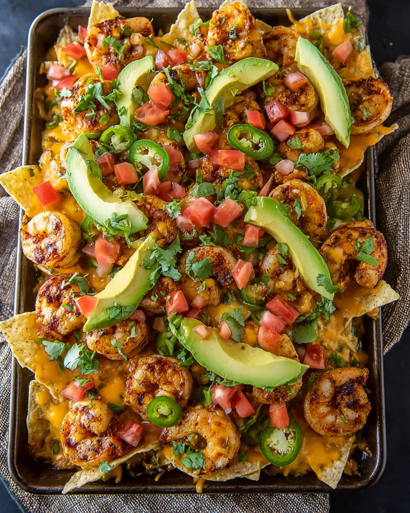 A dish of nachos with shrimp and tomatoes.