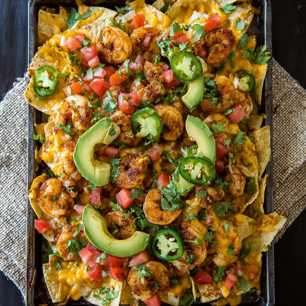 A pan of nachos with shrimp and tomatoes.