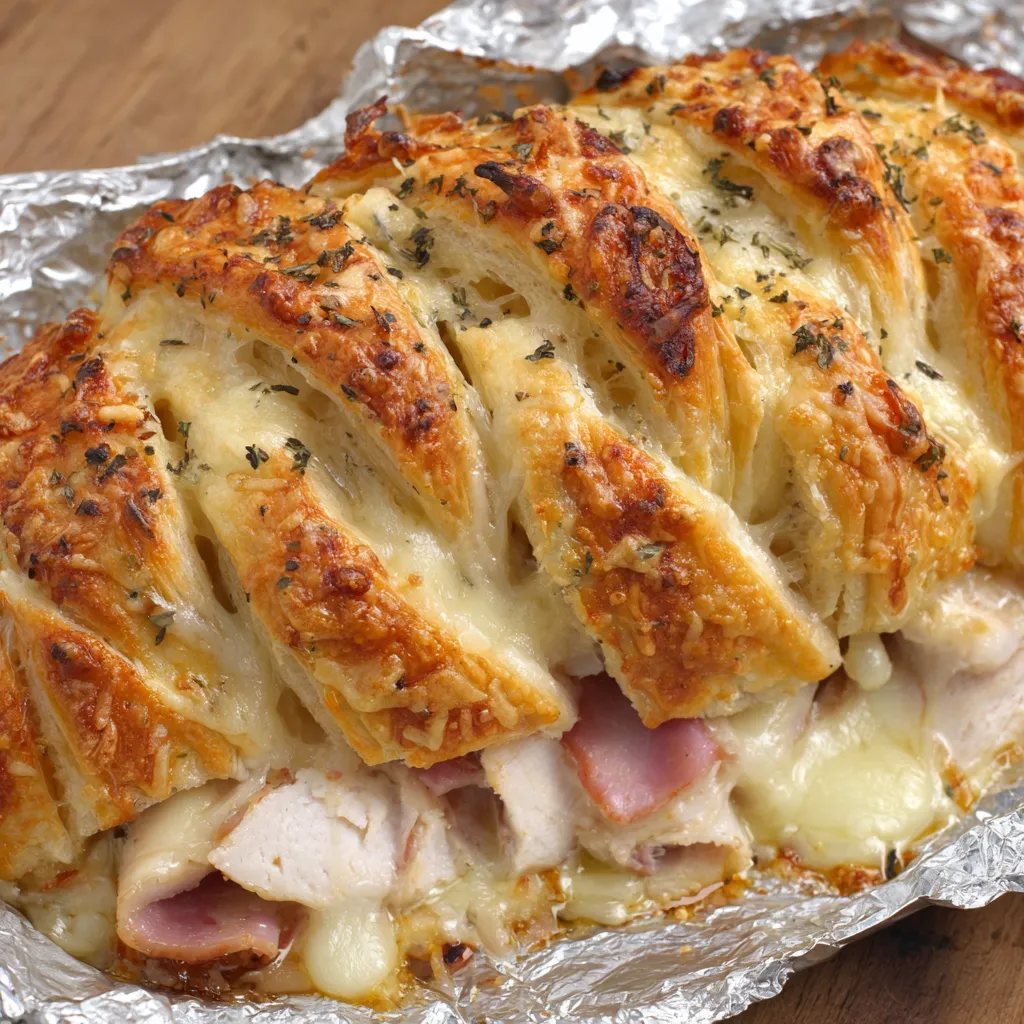 A chicken crescent braid with cheese and ham.
