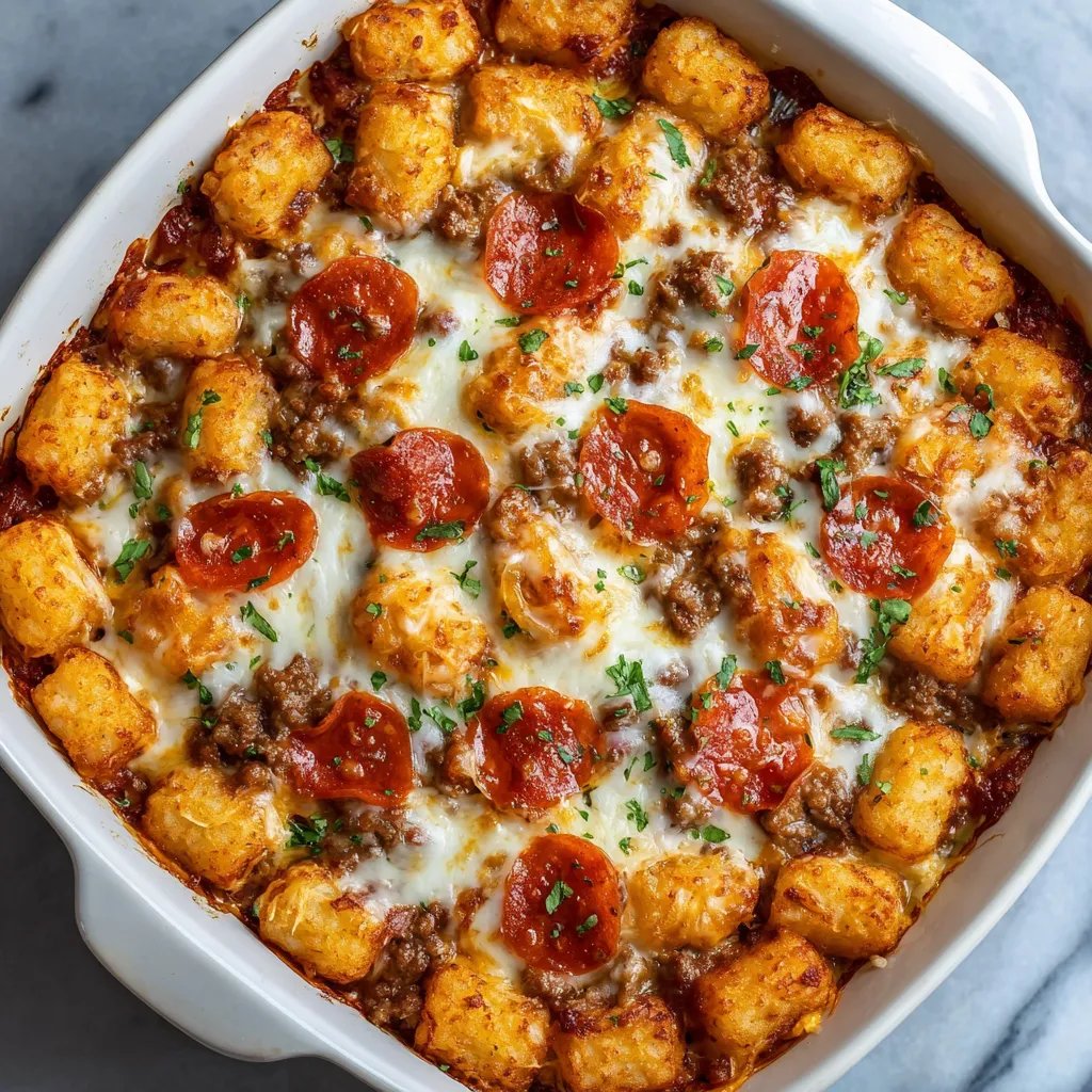 A dish of food with the words "Pizza Tater Tot Casserole" written on it.
