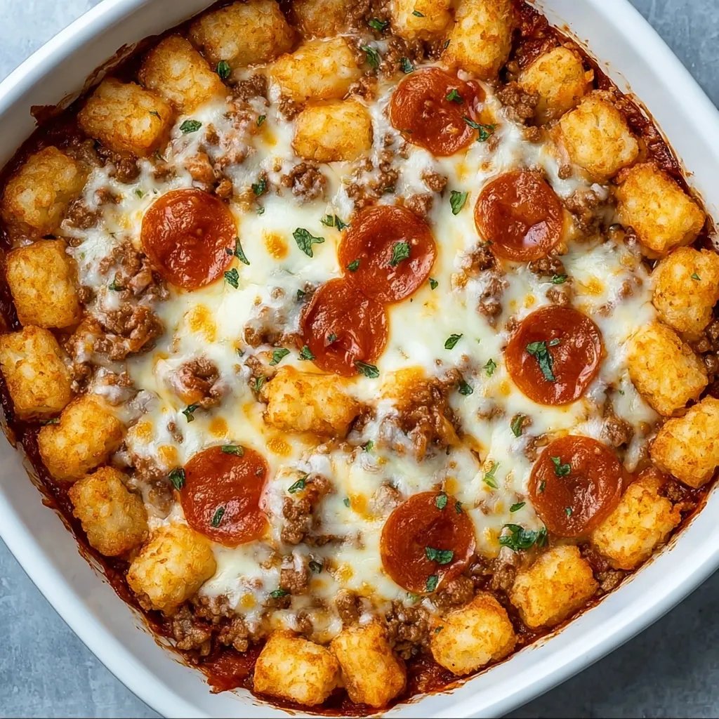 A close up of a pizza with tater tots on top.