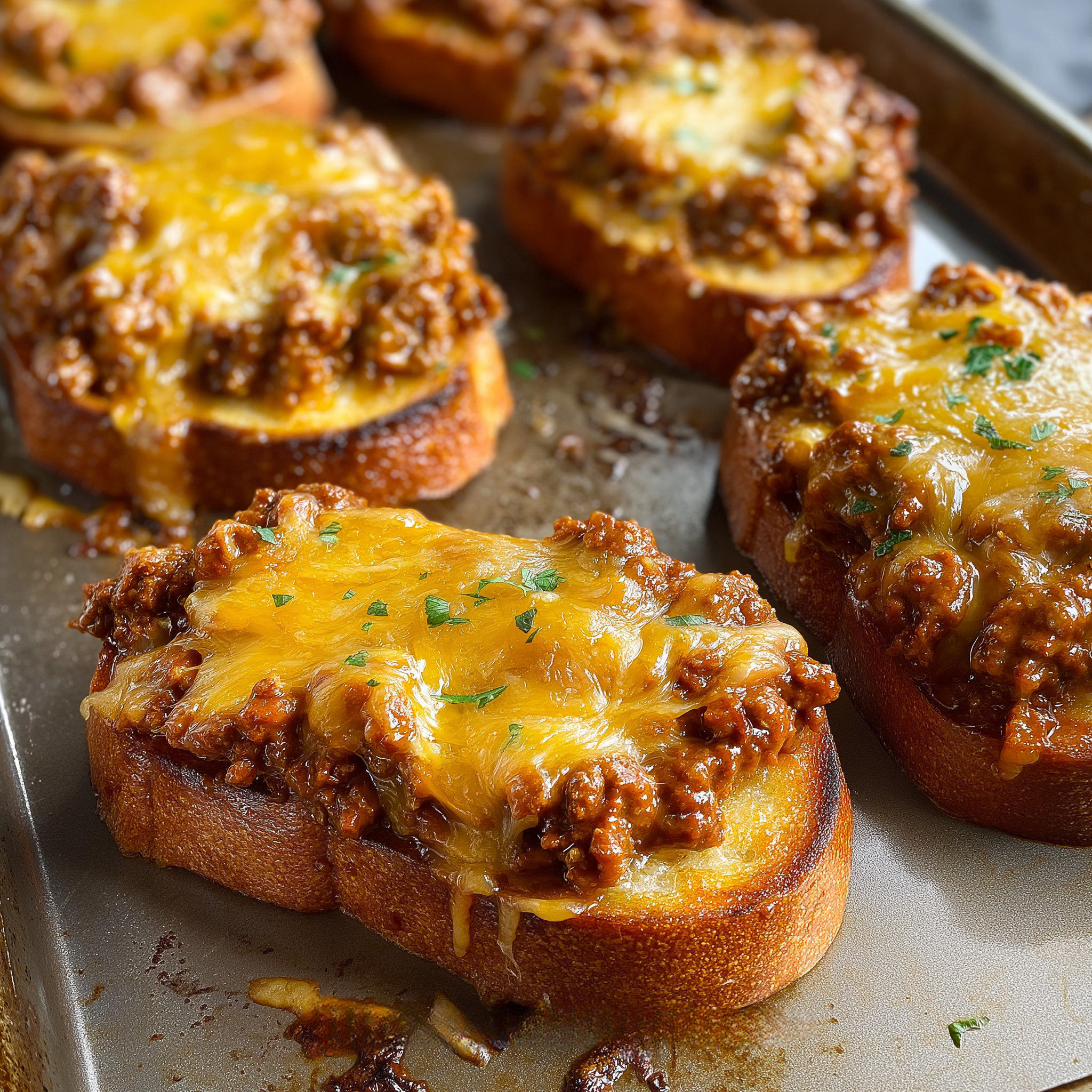 A plate of grilled cheese with sloppy joe on top.