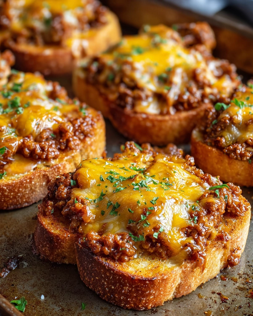 A plate of grilled cheese with sloppy joe on top.
