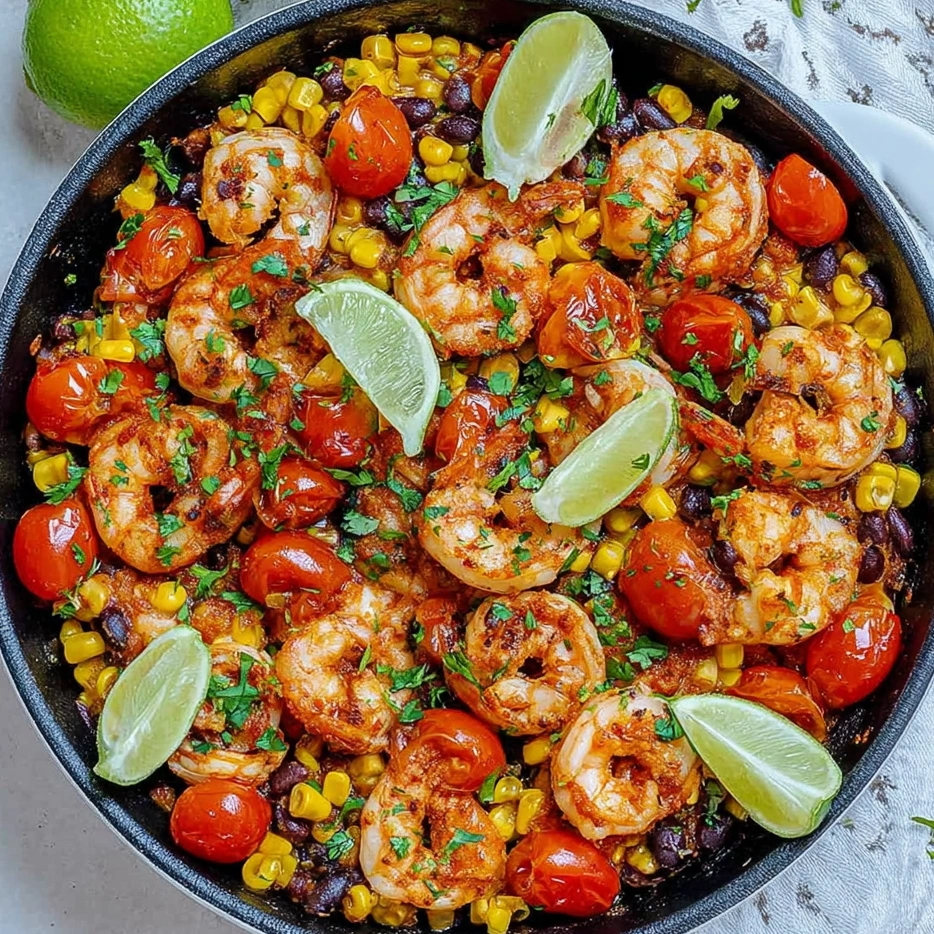 A skillet with shrimp, tomatoes, corn, and lime wedges.