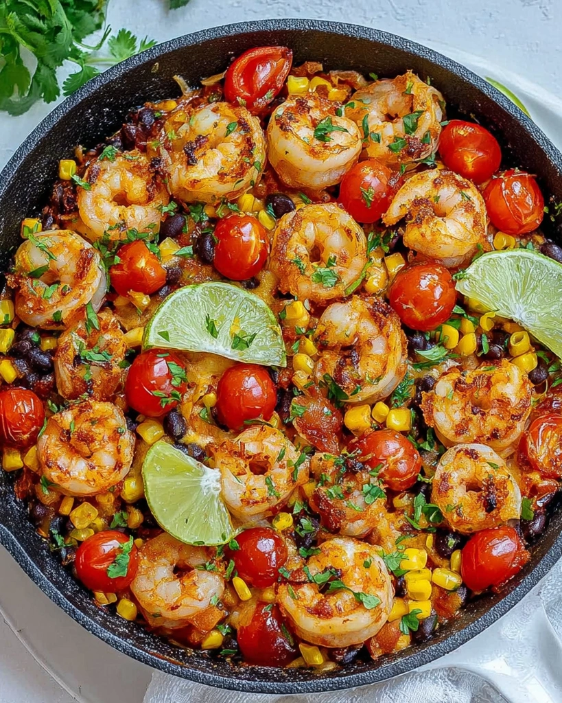 A skillet filled with shrimp tomatoes corn and black beans.