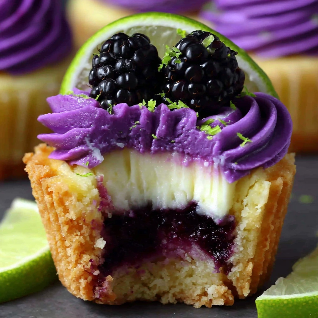 A slice of blackberry lime cheesecake cupcake.