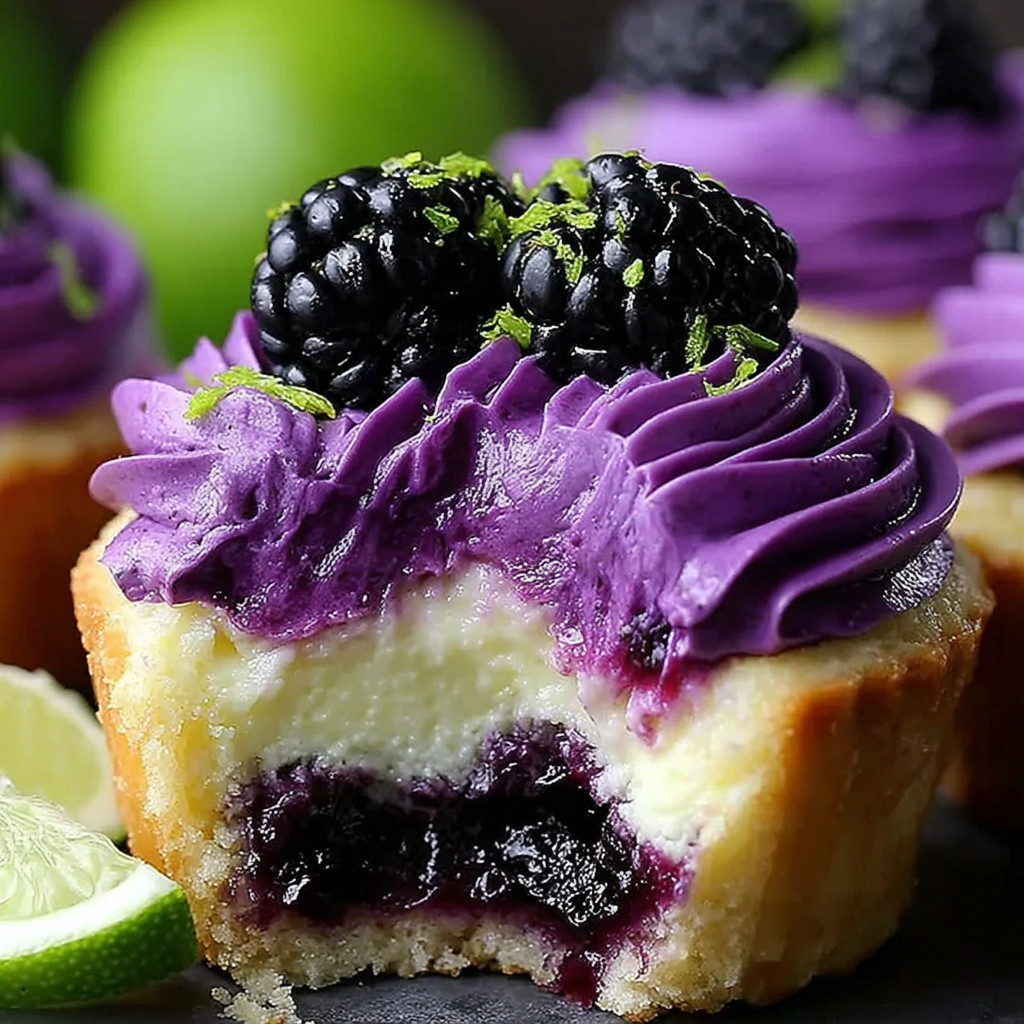 A slice of cake with blackberries and lime on top.