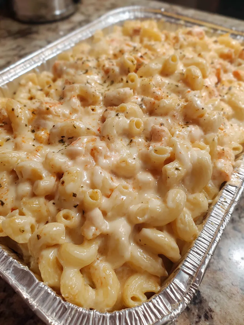 A pan of creamy smoked macaroni and cheese.
