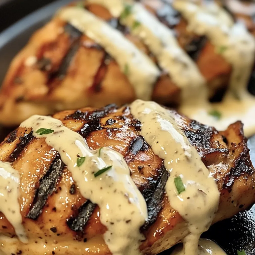 A piece of chicken with a white sauce on it.