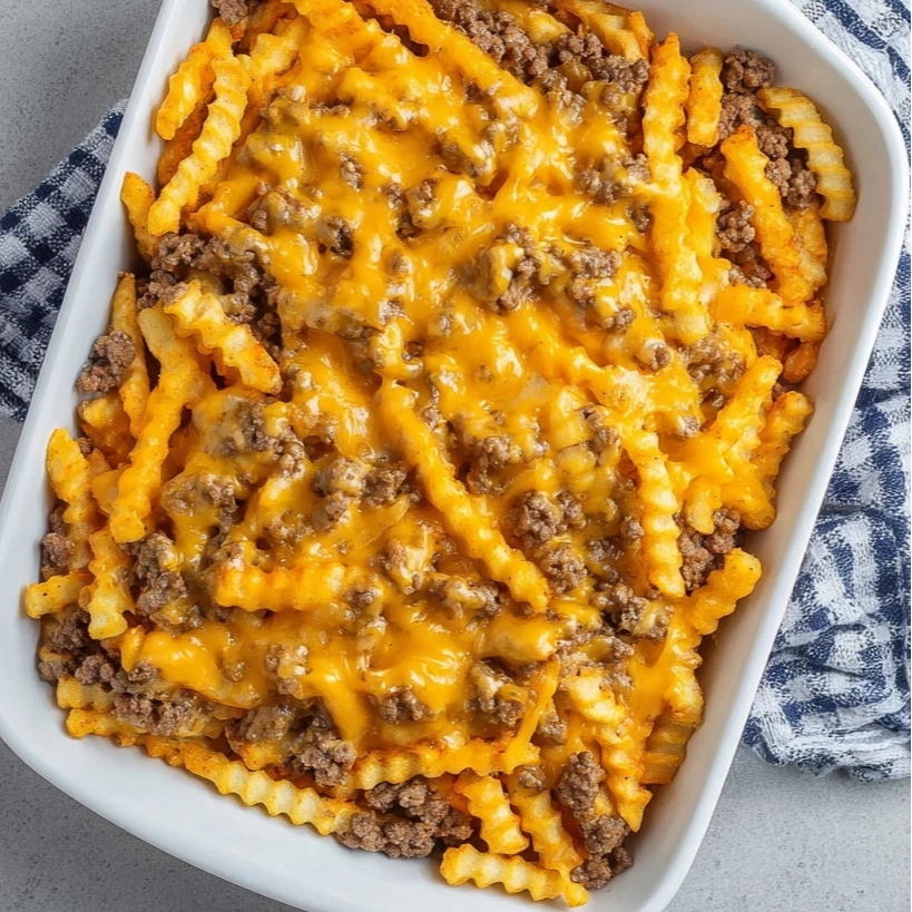 A white bowl filled with a cheesy, meat-filled casserole.