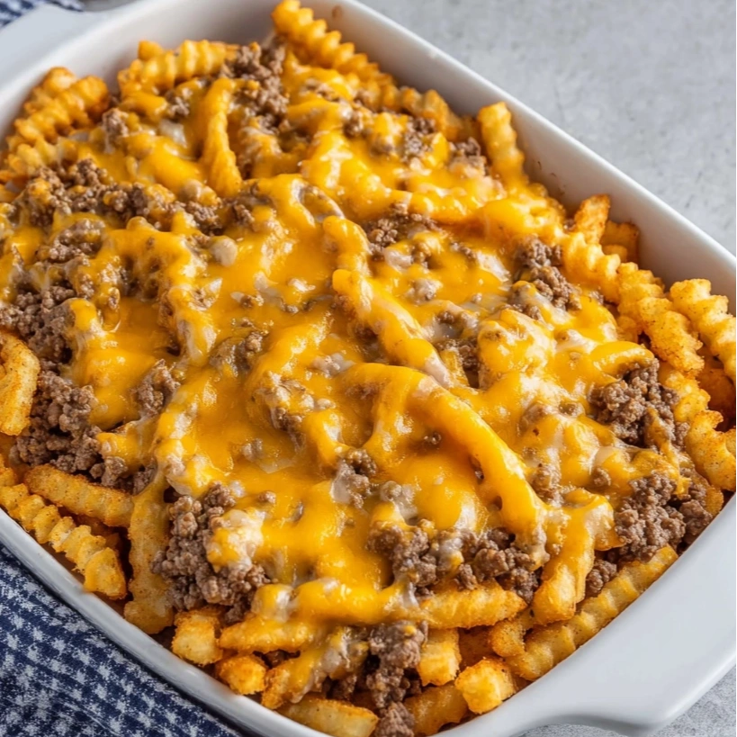 A casserole dish filled with cheese and fries.