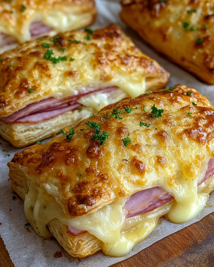 A pastry with ham and cheese on it.