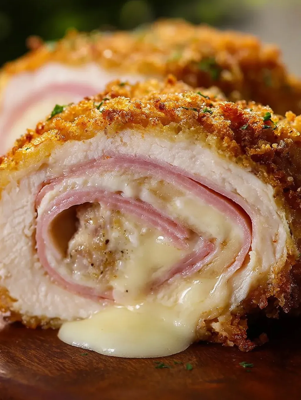 A piece of chicken cordon bleu with dijon cream.