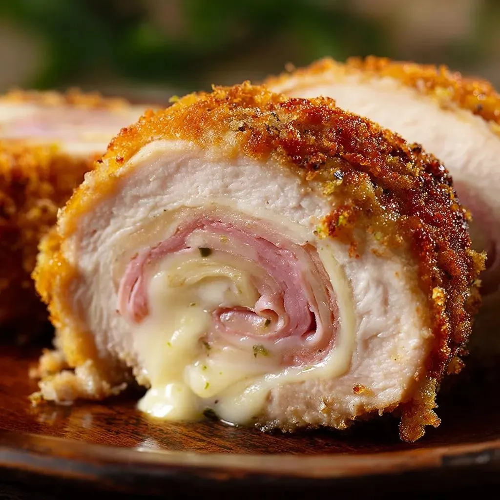 A piece of chicken cordon bleu with dijon cream.